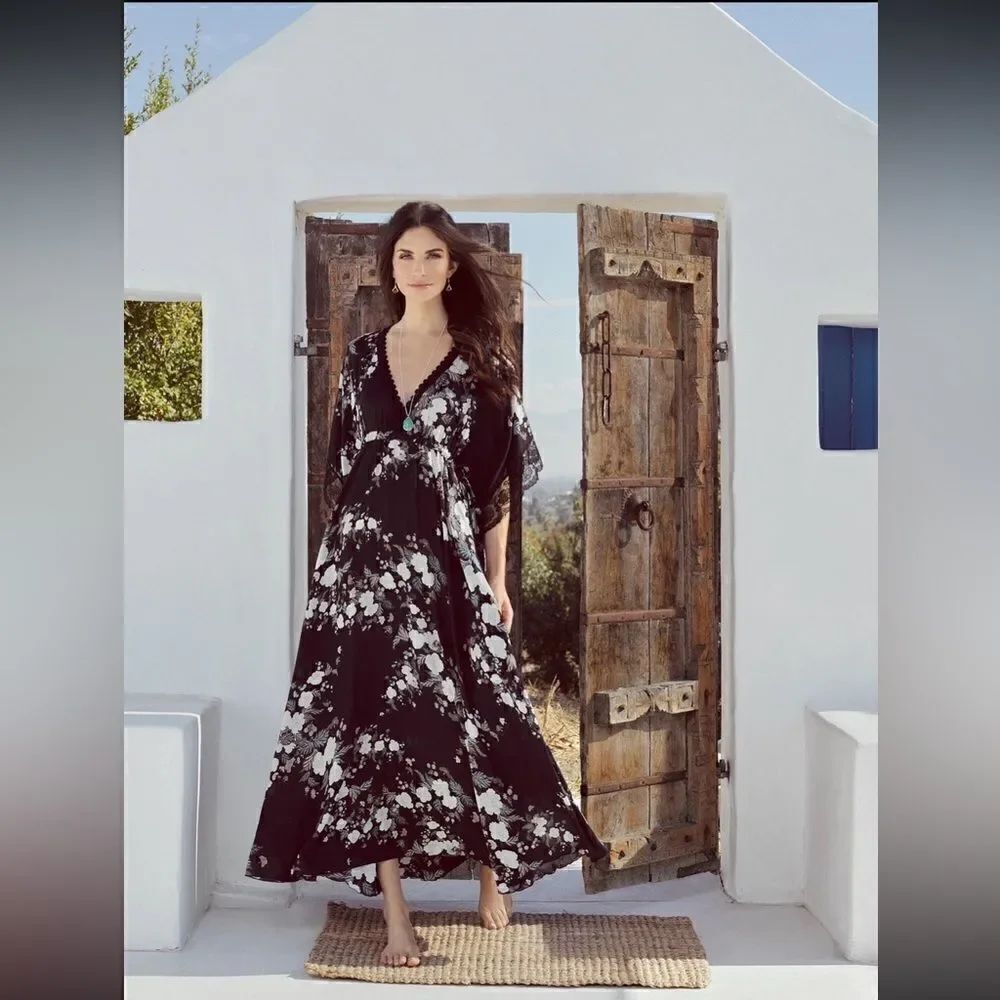 Johnny Was Love 100% Silk Floral lace Print 1/2 Sleeve maxi dress